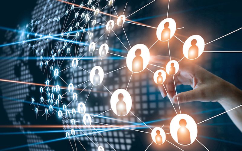 Hand of touching network connecting the human dots icon in business project management. Teamwork organization and brainstorm concept